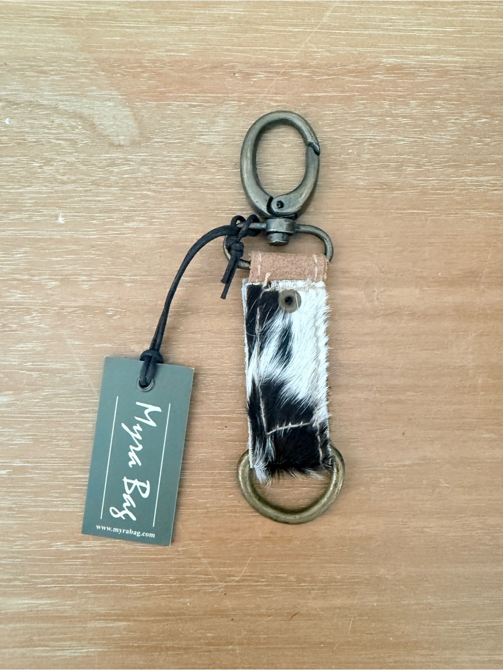 Myra Bag Black and White Cowhide Key Holder with Brass Ring